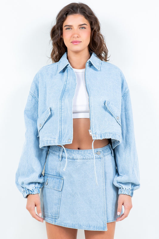 American Bazi Drawstring Waist Crop Denim Jacket