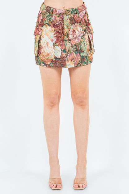 Jacquard Trim Cargo Mini Denim Skirt