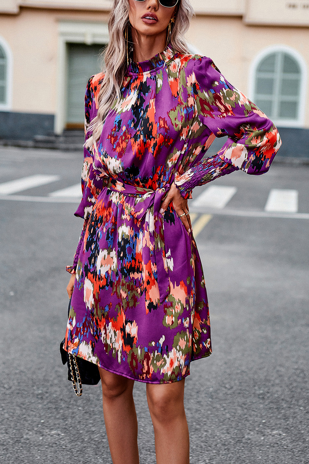 Devine Printed Tie Waist Mock Neck Lantern Sleeve Dress