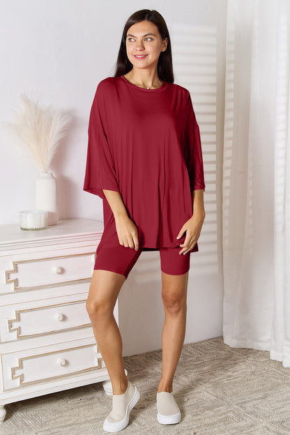 Full Size Soft Rayon Three-Quarter Sleeve Top and Shorts Set