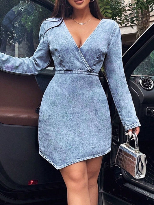 Surplice Long Sleeve Denim Maxi Dress