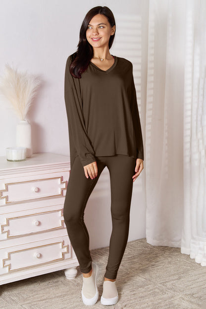 Bamboo Full Size V-Neck Long Sleeve Top and Pants Lounge Set