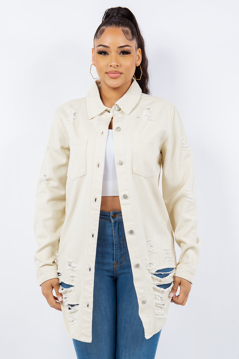 Distressed Button Up Long Sleeve Denim Jacket