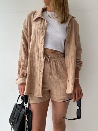 Texture Button Up Shirt and Drawstring Shorts Set