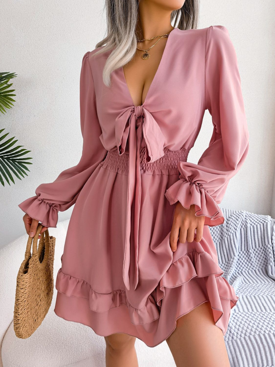 Tie Front Smocked Waist Flounce Sleeve Mini Dress