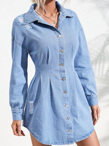 Distressed Button Up Long Sleeve Denim Mini Dress