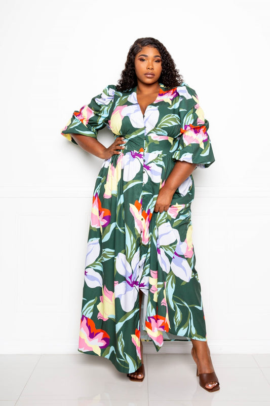 Puff Sleeve Button Front Maxi Dress