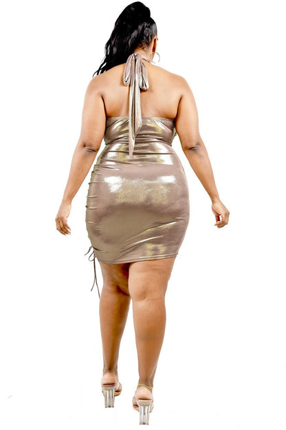 Plus Metallic Cross Wrap Halter Mini Dress