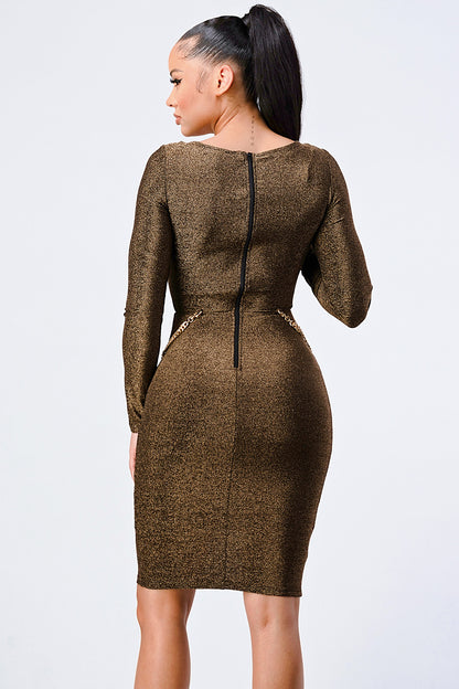 Luxe Waist Gold Chain Cut-out Detail Square Neck Glitter Bodycon Dress