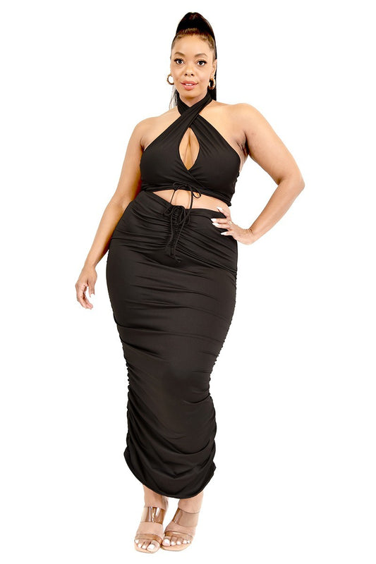 Plus Solid 2 Piece Halter Top and Skirt Set