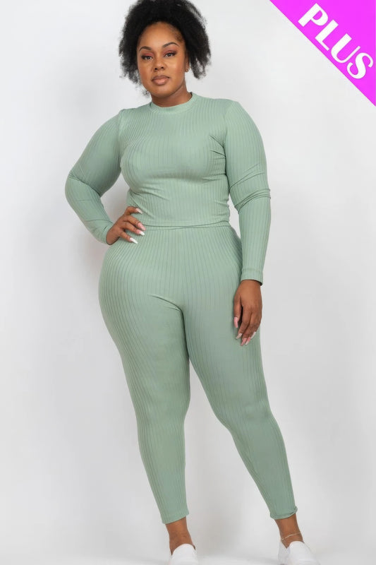 Plus Ribbed Mock Neck Long Sleeve Top & Leggings Set