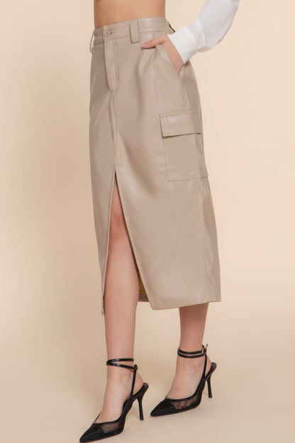 Faux Leather Midi Cargo Skirt