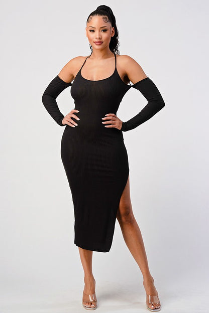 Cold Shoulder Strapped Back Side Slit Midi Dress