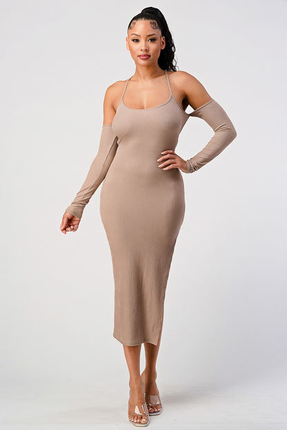 Cold Shoulder Strapped Back Side Slit Midi Dress