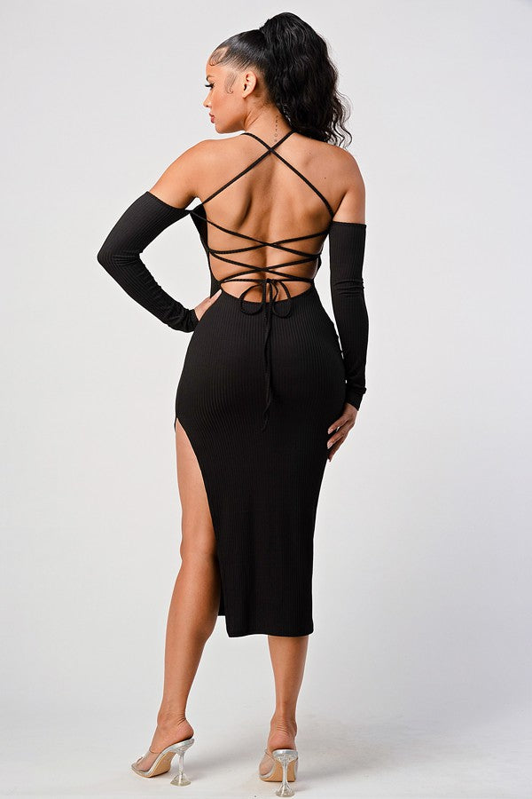 Cold Shoulder Strapped Back Side Slit Midi Dress