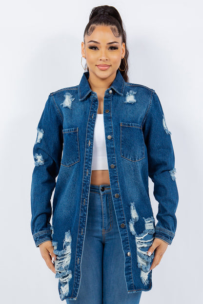 Distressed Button Up Long Sleeve Denim Jacket