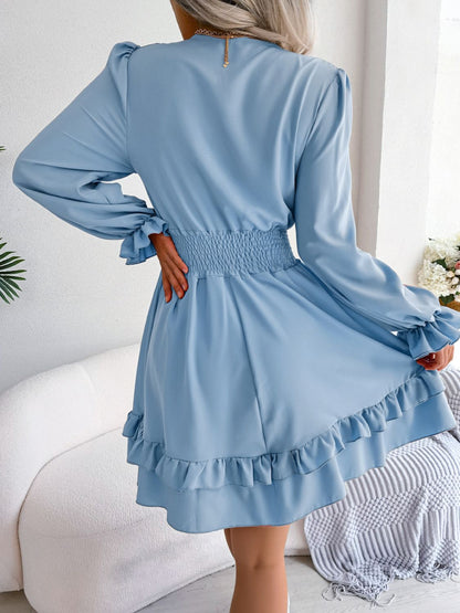 Tie Front Smocked Waist Flounce Sleeve Mini Dress