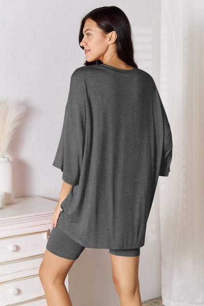 Full Size Soft Rayon Three-Quarter Sleeve Top and Shorts Set