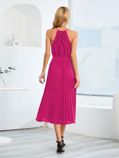 Pleated Spaghetti Strap Tie Waist Midi Dress