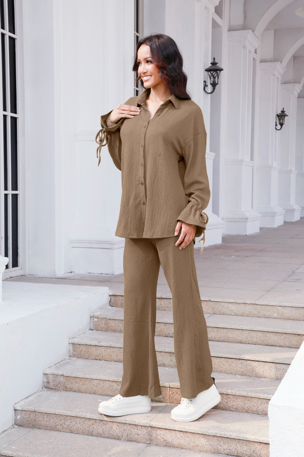 Drawstring Flounce Sleeve Shirt and Pants Set