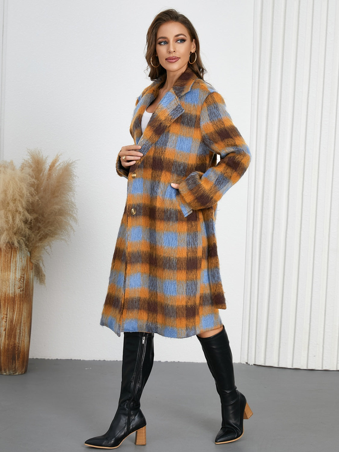 Tied Plaid Collared Neck Coat