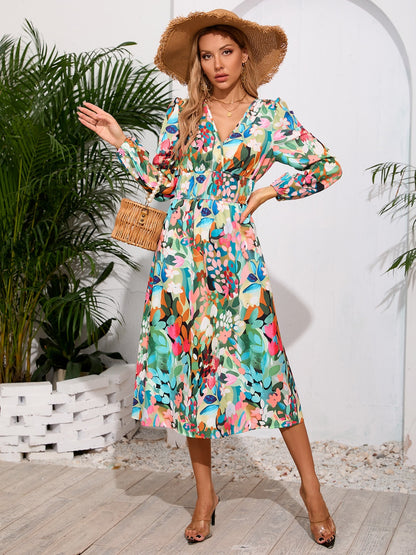 Printed Surplice Long Sleeve Midi Dress