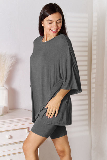 Full Size Soft Rayon Three-Quarter Sleeve Top and Shorts Set