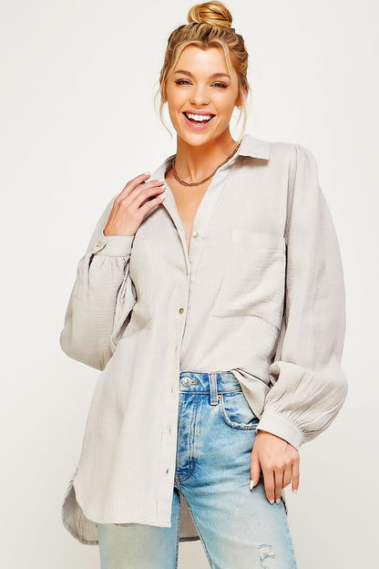 TEXTURED GAUZE BUTTON DOWN PUFF SLEEVES BLOUSE TOP