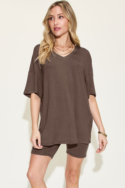 Full Size V-Neck Drop Shoulder T-Shirt and Shorts Set