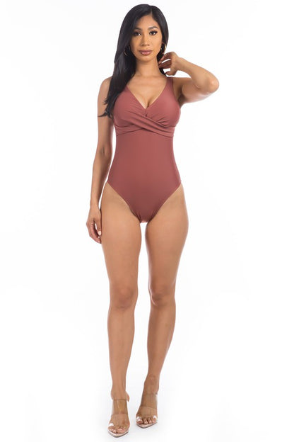 PLEATED CROSS GATHERING LOW V ONE PIECE