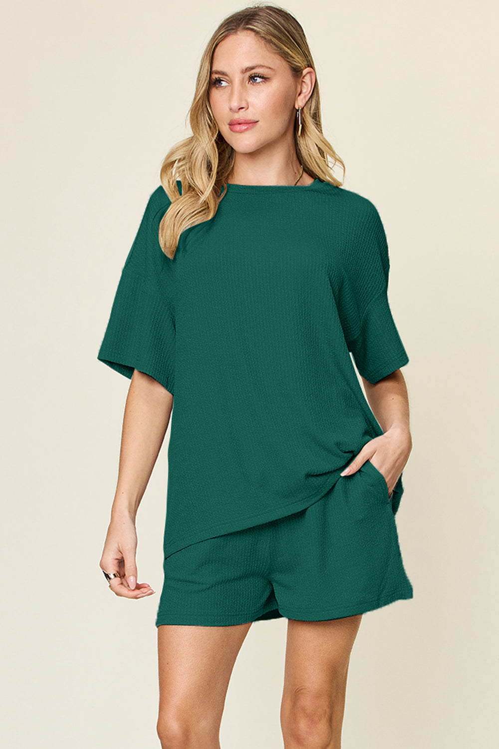 Basic style Round Neck Solid Shorts Set