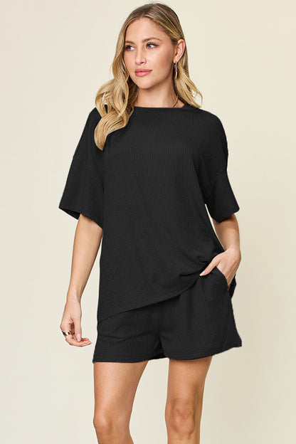 Basic style Round Neck Solid Shorts Set