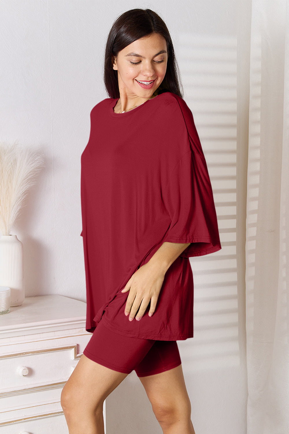 Full Size Soft Rayon Three-Quarter Sleeve Top and Shorts Set