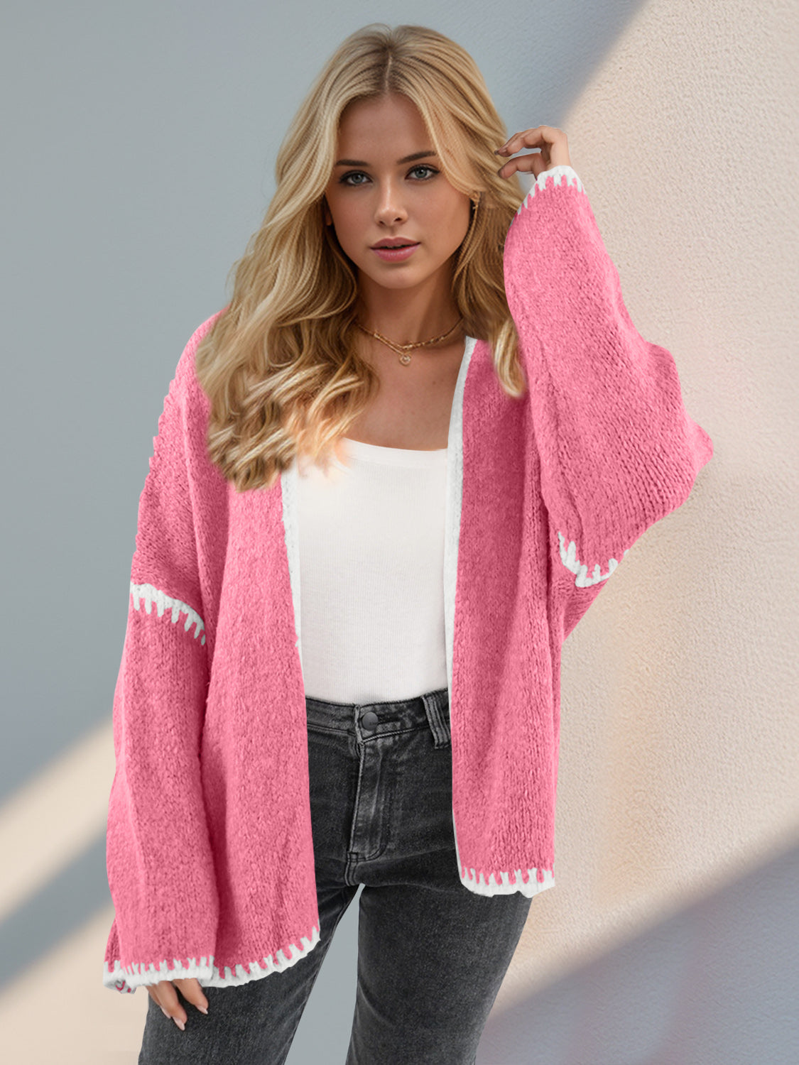 Double Take Contrast Open Front Dropped Shoulder Cardigan