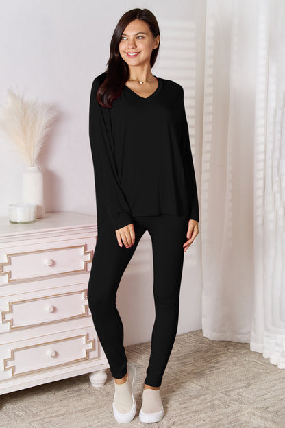 Bamboo Full Size V-Neck Long Sleeve Top and Pants Lounge Set