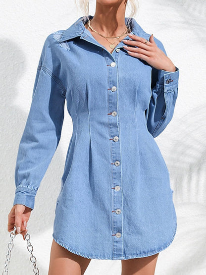 Distressed Button Up Long Sleeve Denim Mini Dress