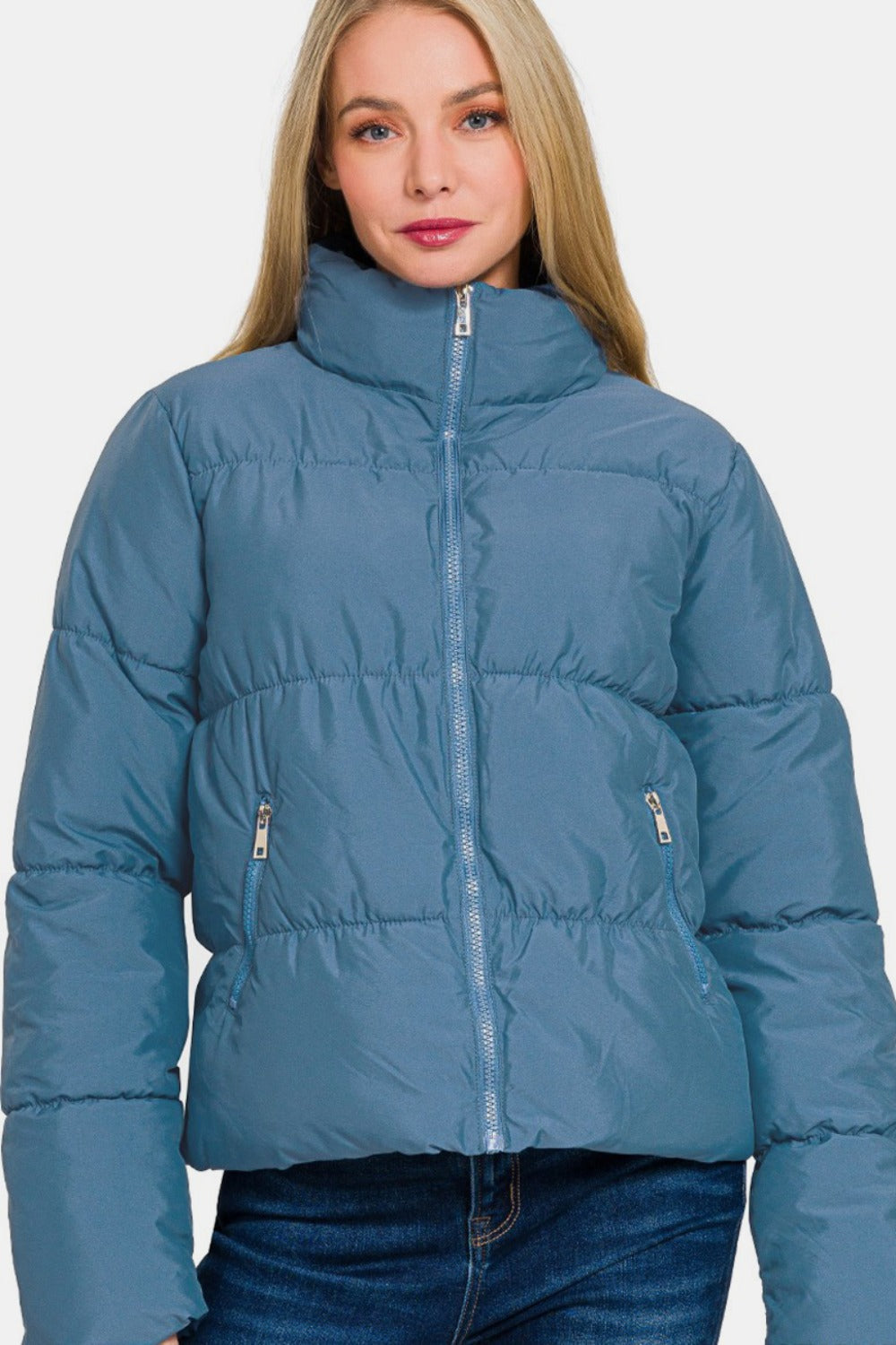 Zip Up Turtleneck Puffer Jacket with Pockets