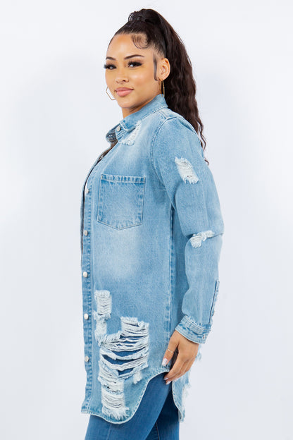 Distressed Button Up Long Sleeve Denim Jacket