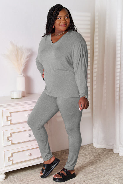 Bamboo Full Size V-Neck Long Sleeve Top and Pants Lounge Set