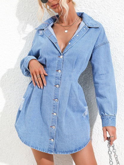 Distressed Button Up Long Sleeve Denim Mini Dress