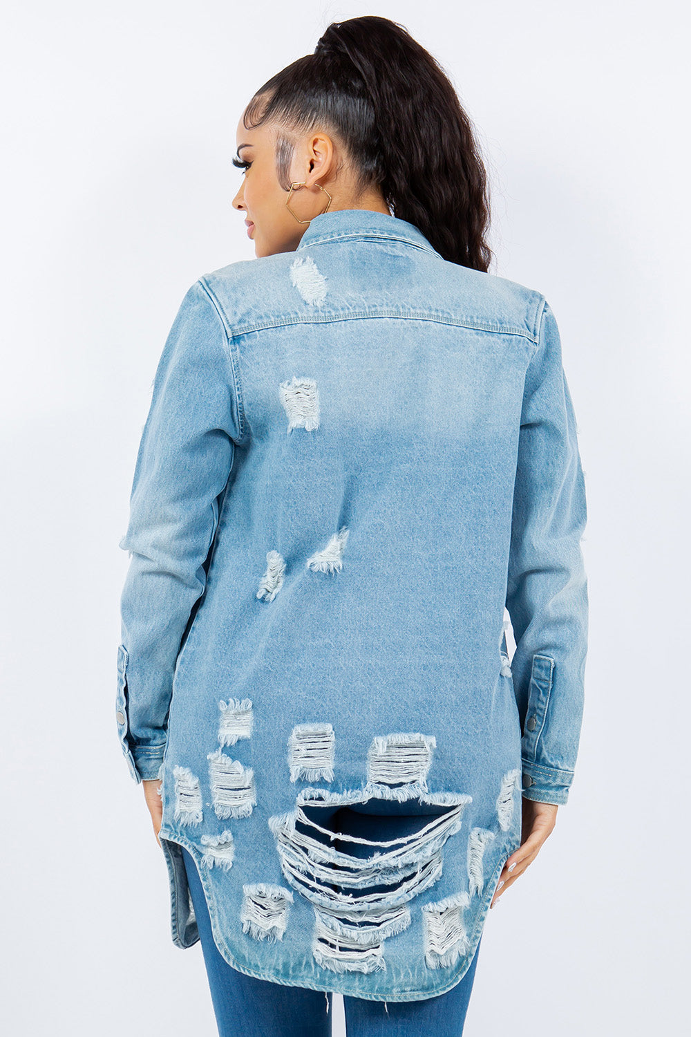 Distressed Button Up Long Sleeve Denim Jacket